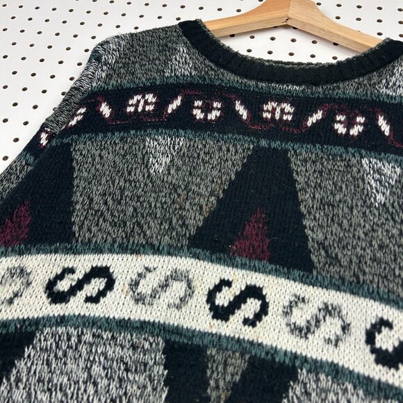Expressions Abstract Aztec Knit Sweater Large Black‎ Multicolor Chunky Cosby 90s - Picture 5 of 7